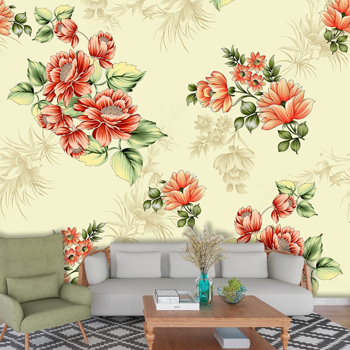 A pattern of flowers on a white background shown in a room