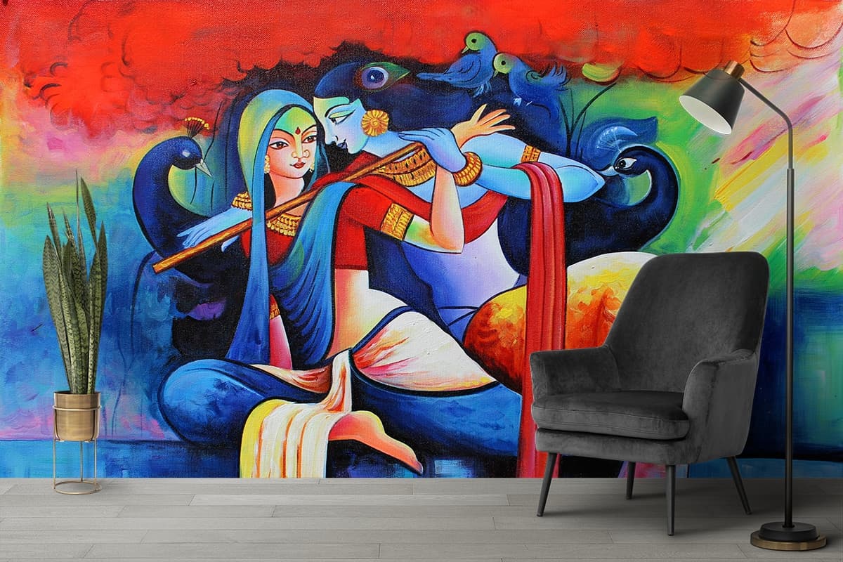 Radha Krishna Painting Wallpaper shown in a room