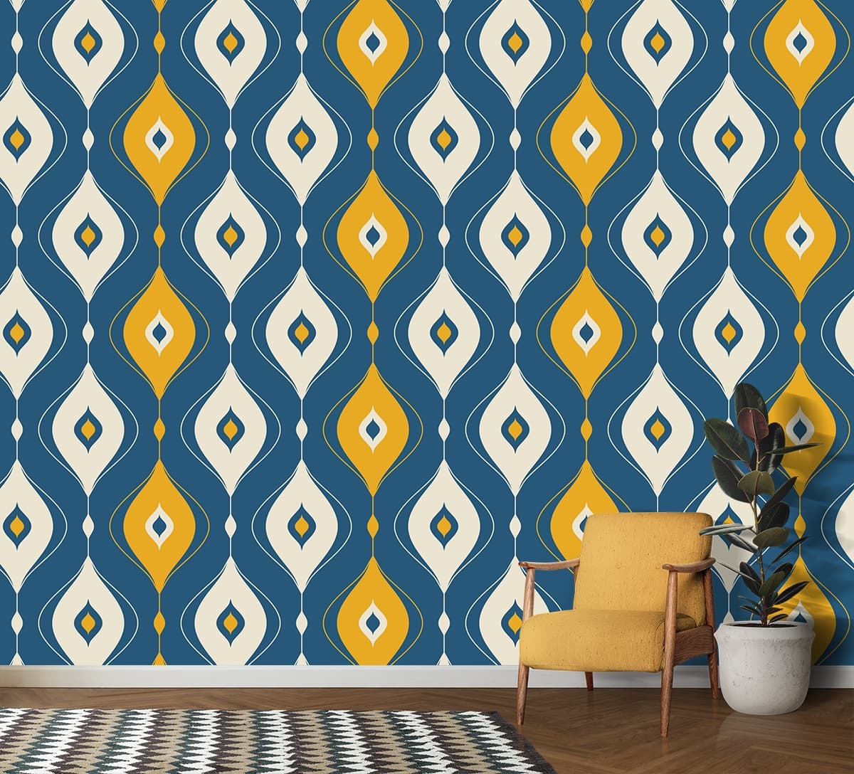 Bright White Yellow Diamond Design Modern Wallpaper shown in a room