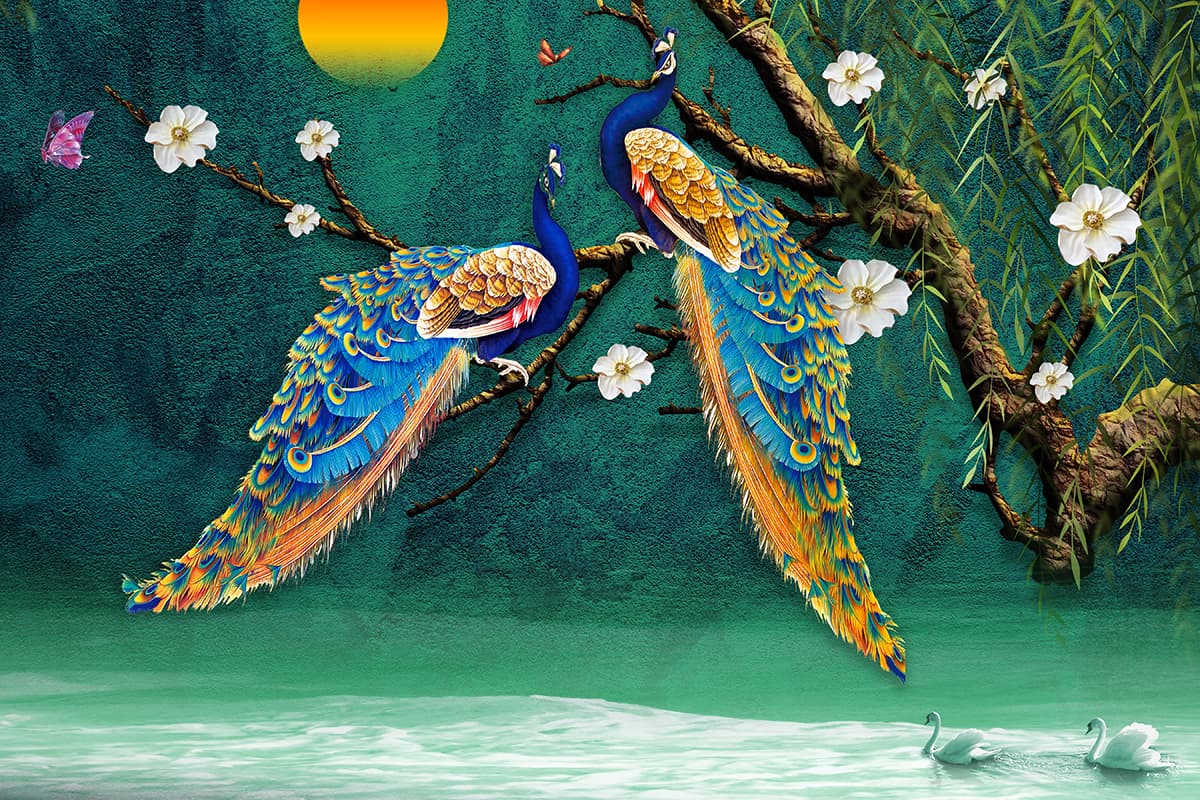 Peacock wallpaper With Moon and Tree pattern detail