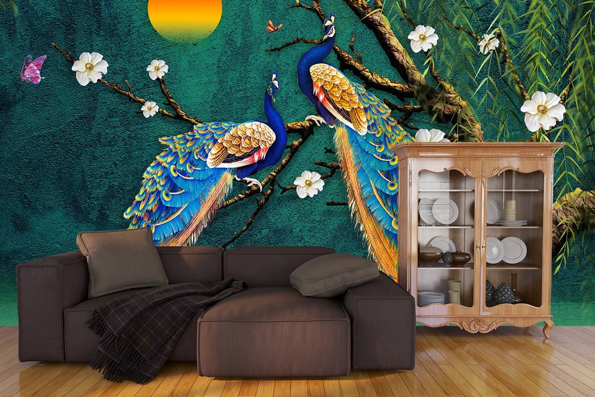 Peacock wallpaper With Moon and Tree shown in a room