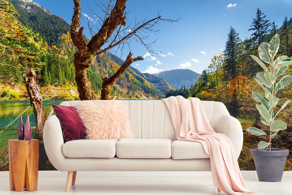 A tree next to a lake shown in a room