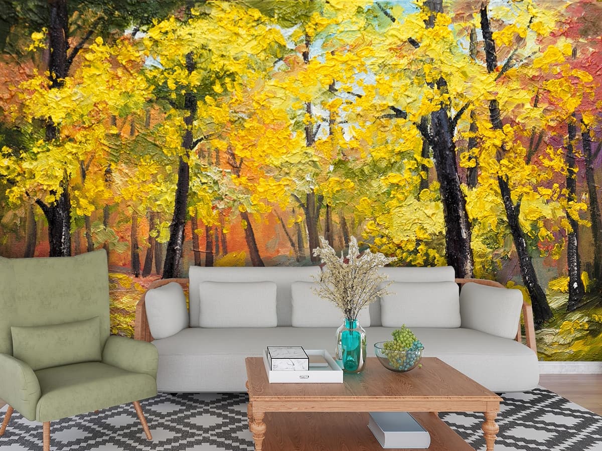 Autumn Forest with Golden Leaves Nature View Wallpaper shown in a room