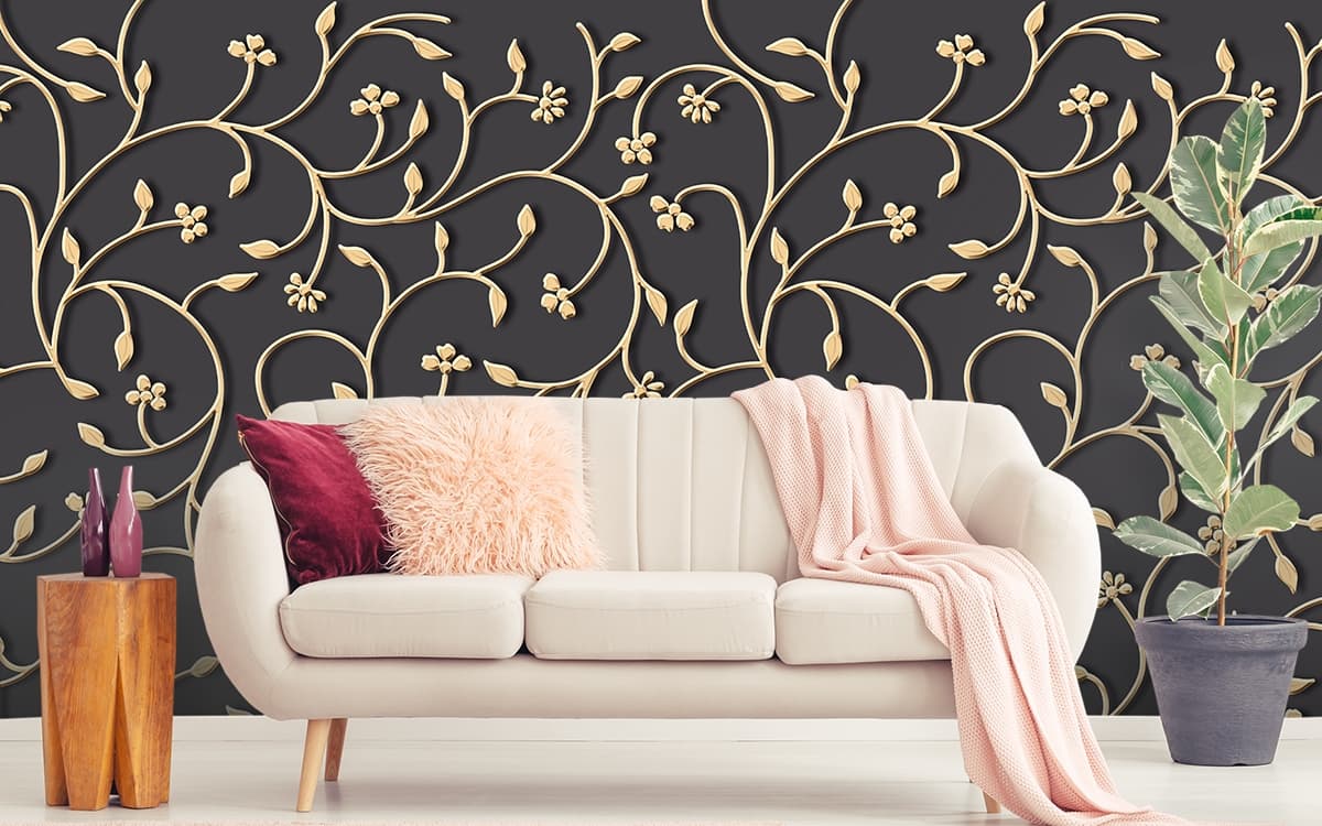 A Black Background Wallpaper with Golden Floral Pattern shown in a room