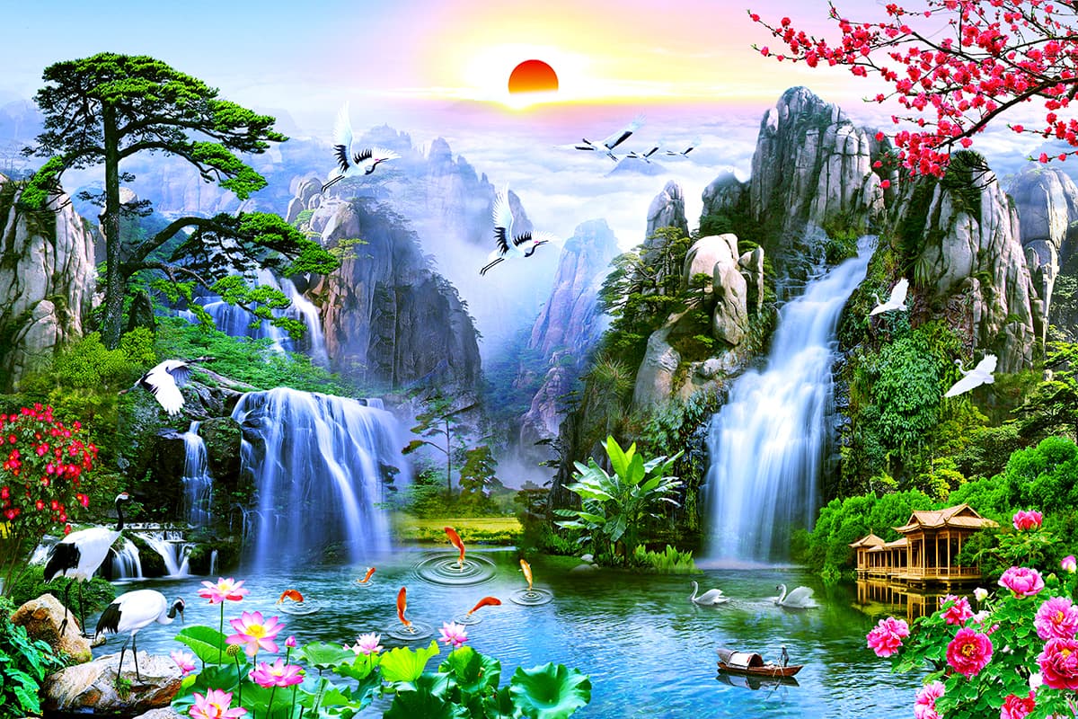 Serene waterfall lake with birds flying wallpaper pattern detail