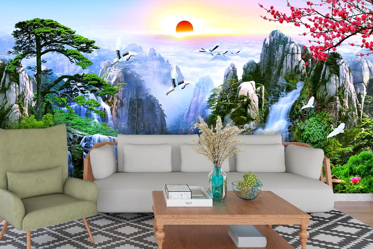 Serene waterfall lake with birds flying wallpaper shown in a room