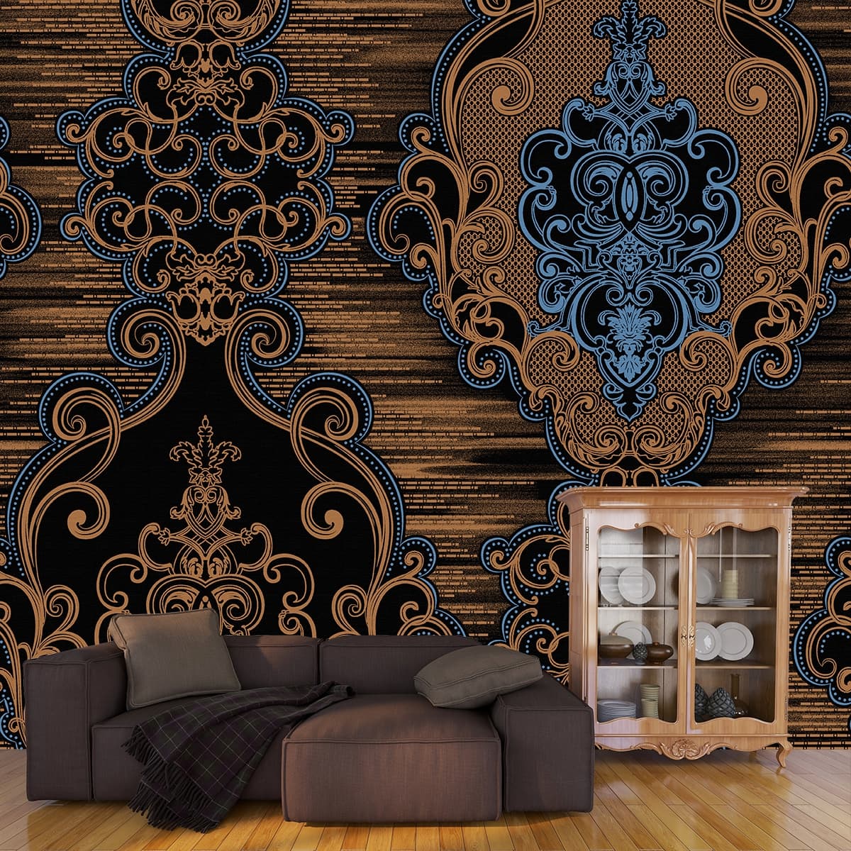 An Abstract Design Wallpaper in Shades of Blue and Brown shown in a room