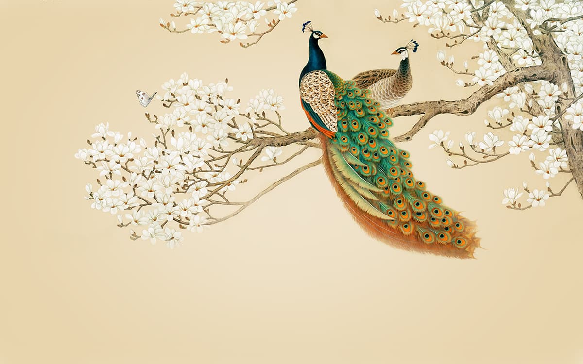 Stylish Peacocks on Branch Nature Theme Wallpaper pattern detail