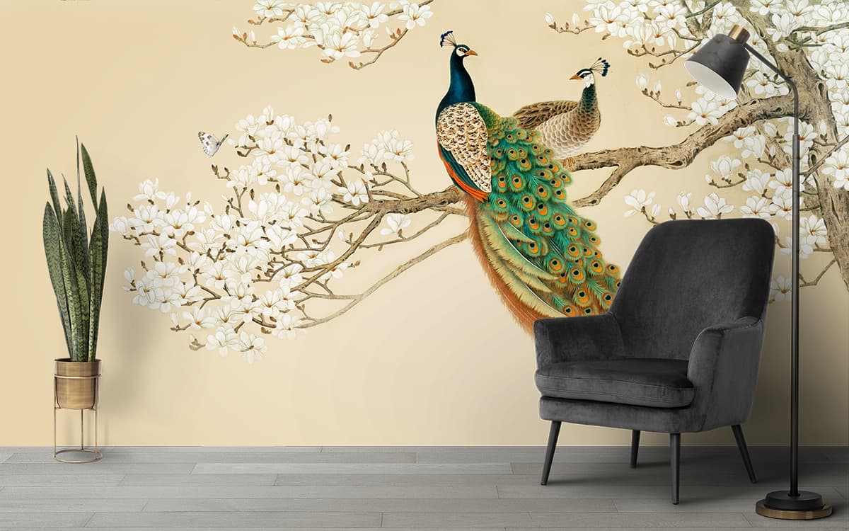 Stylish Peacocks on Branch Nature Theme Wallpaper shown in a room
