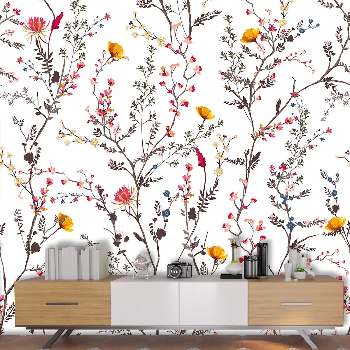 A Bloom Burst Bliss Floral Design Wallpaper shown in a room