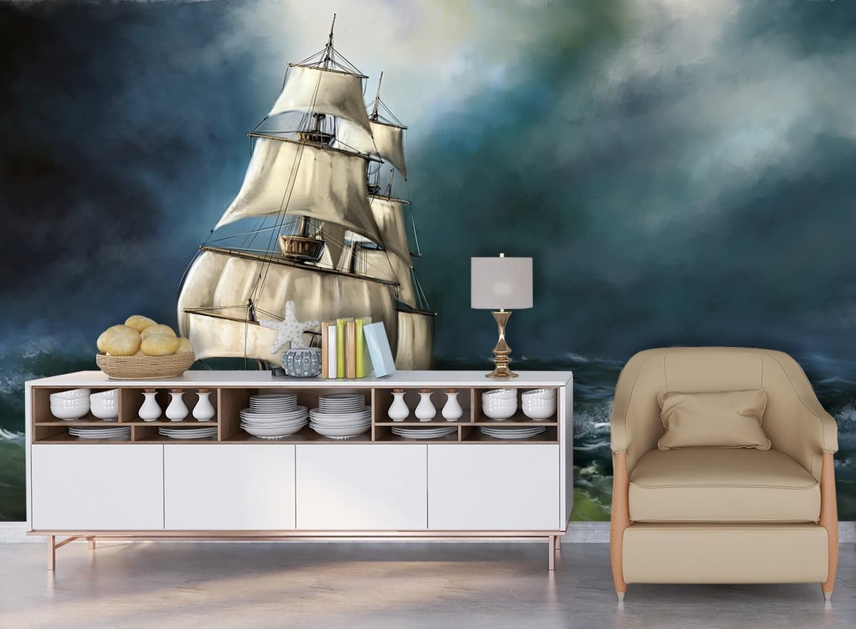 A ship in the sea shown in a room