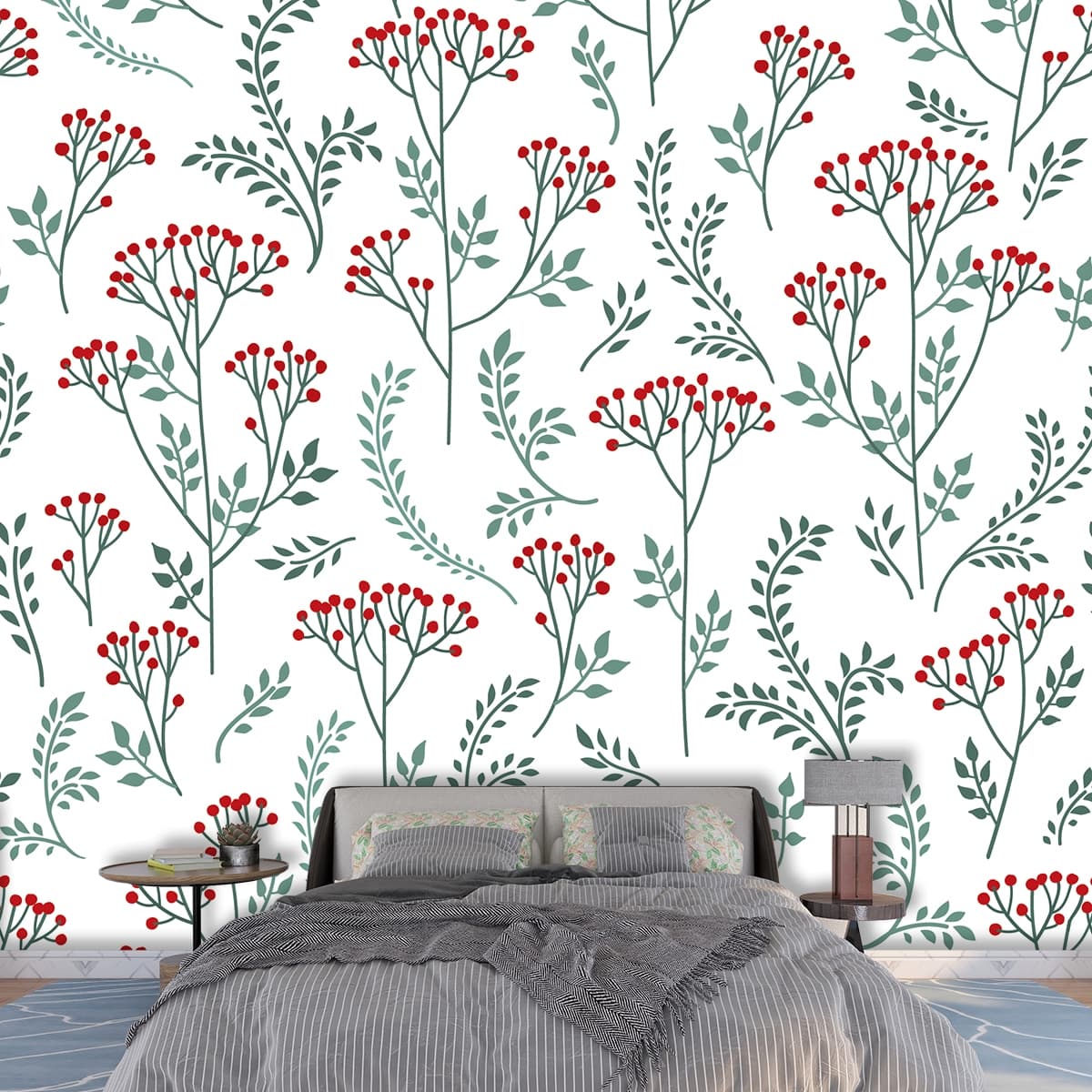 Red Floral Pattern with Green Leaves Wallpaper shown in a room