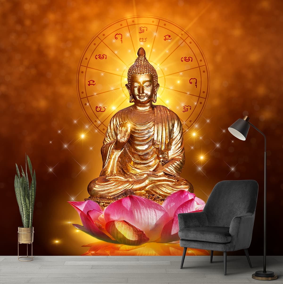 Gold Buddha on Lotus Flower Spiritual Design wallpaper shown in a room