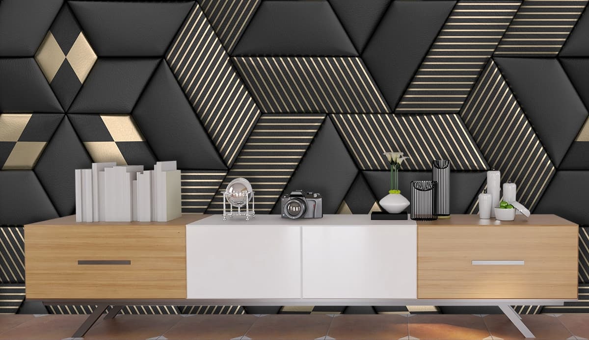 Black and Gold Striped Pattern Wallpaper shown in a room