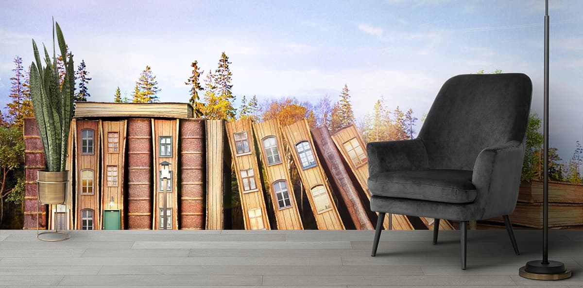Classic Stacked Books Library Theme Wallpaper shown in a room