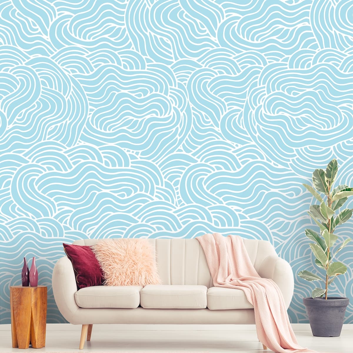 Modern Blue and White Waves Mural Wallpaper shown in a room