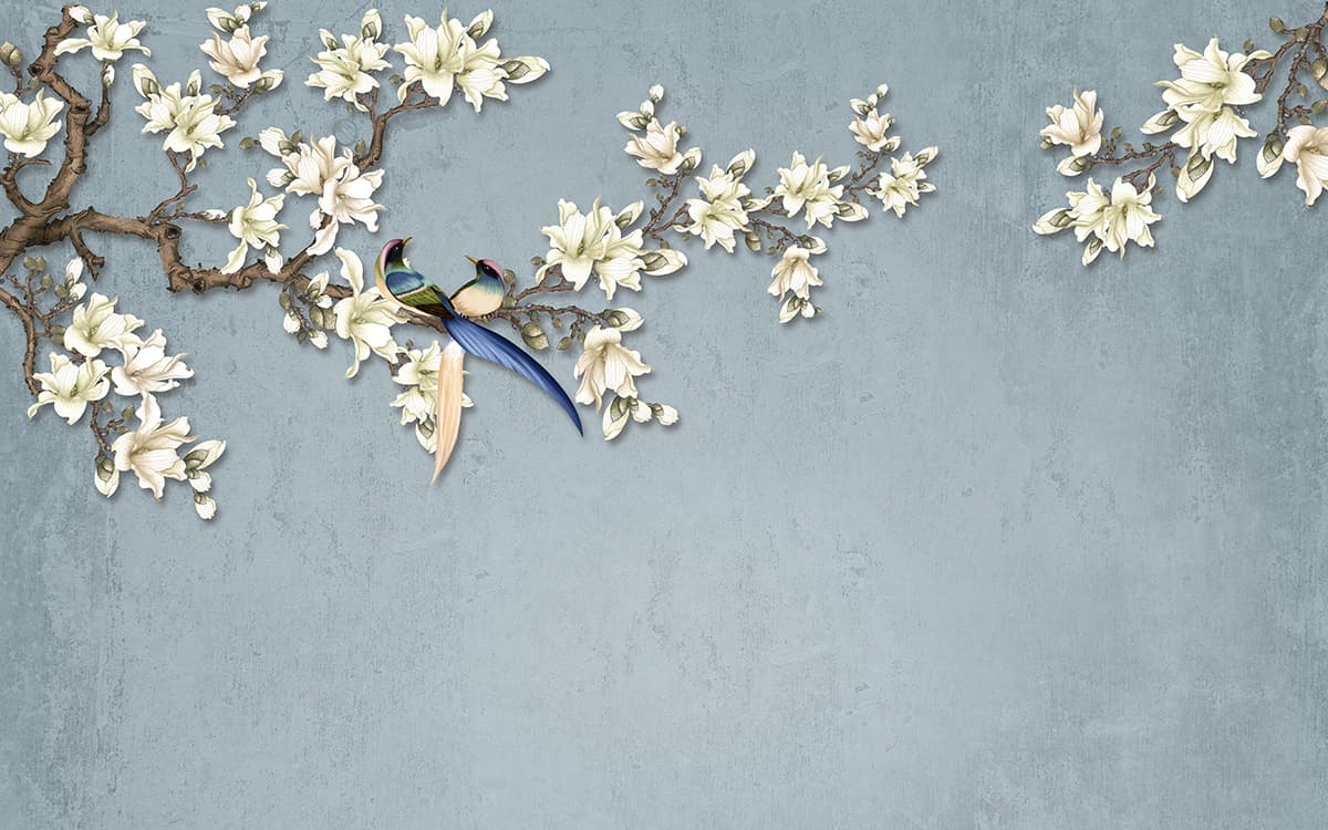 Artistic bird resting on blooming branch with flowers wallpaper pattern detail