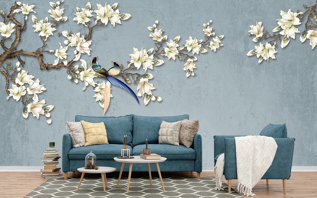Artistic bird resting on blooming branch with flowers wallpaper shown in a room