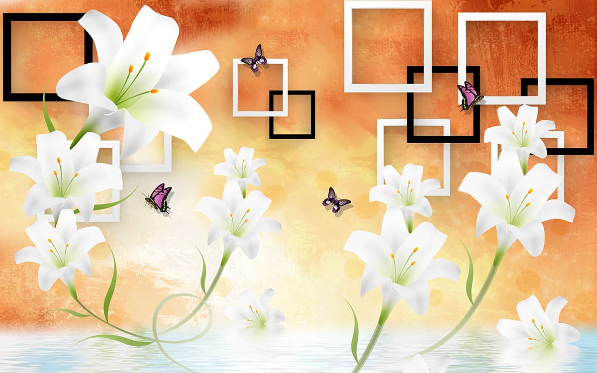 White Flowers and Butterflies Elegant Wallpaper pattern detail