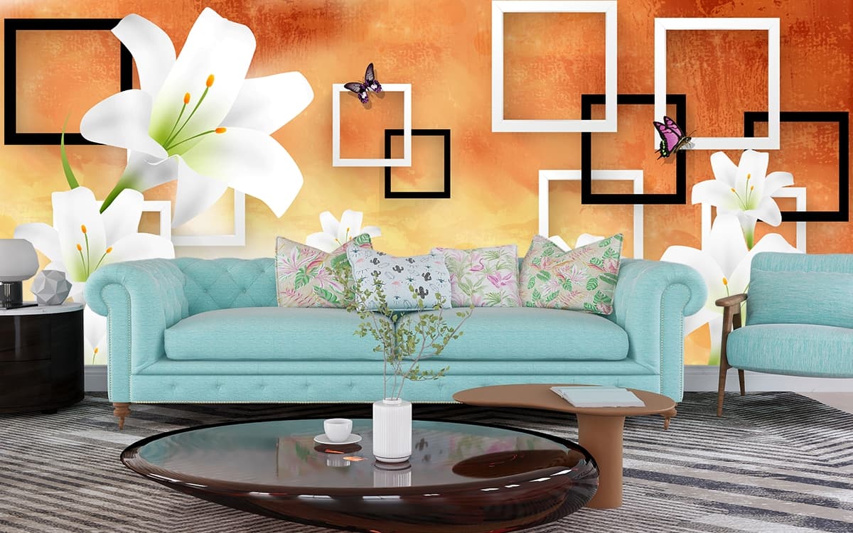 White Flowers and Butterflies Elegant Wallpaper shown in a room
