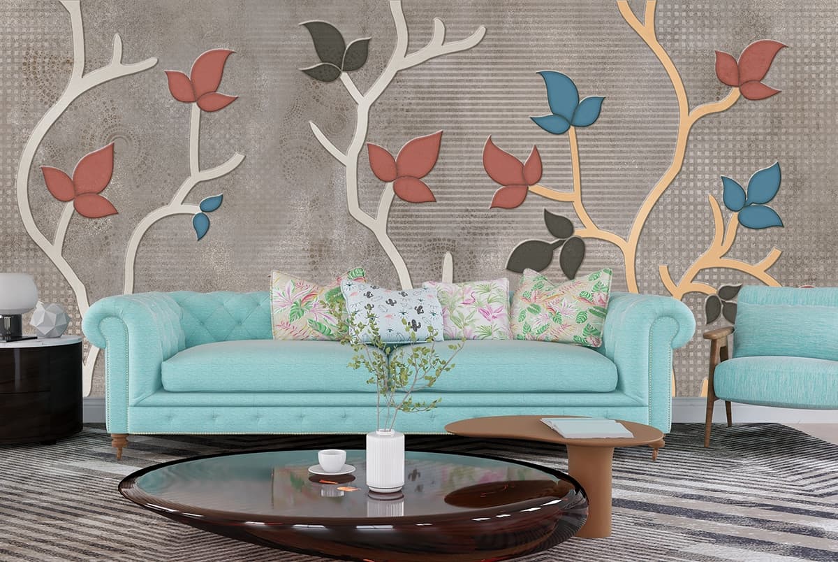 A wallpaper with leaves and branches shown in a room