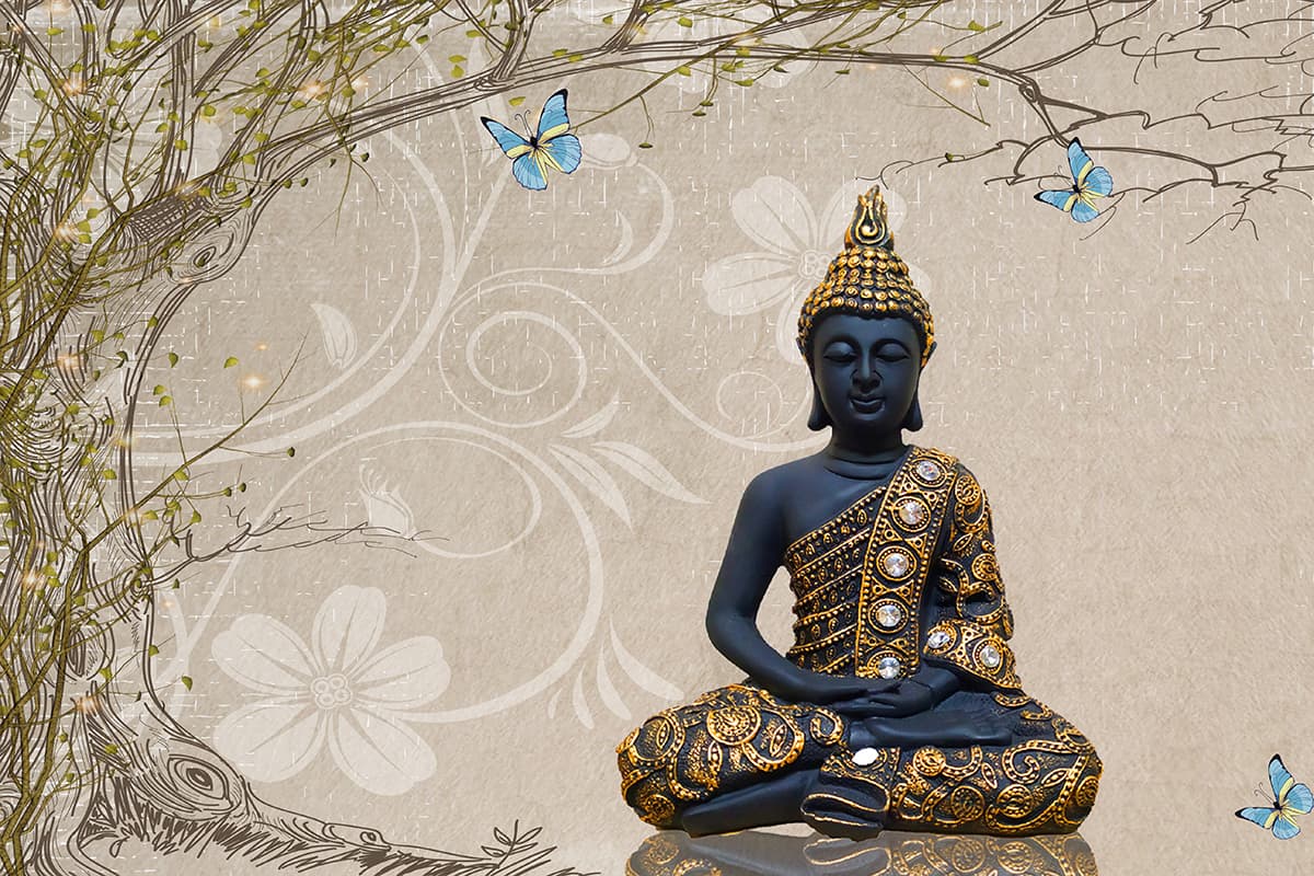 Blue Golden Buddha Mural Sitting in Lotus Position Wallpaper pattern detail