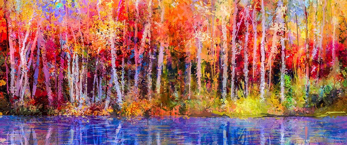 A colorful forest by a lake pattern detail