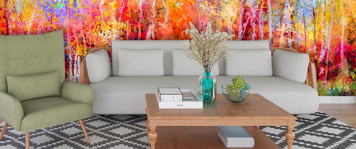 A colorful forest by a lake shown in a room