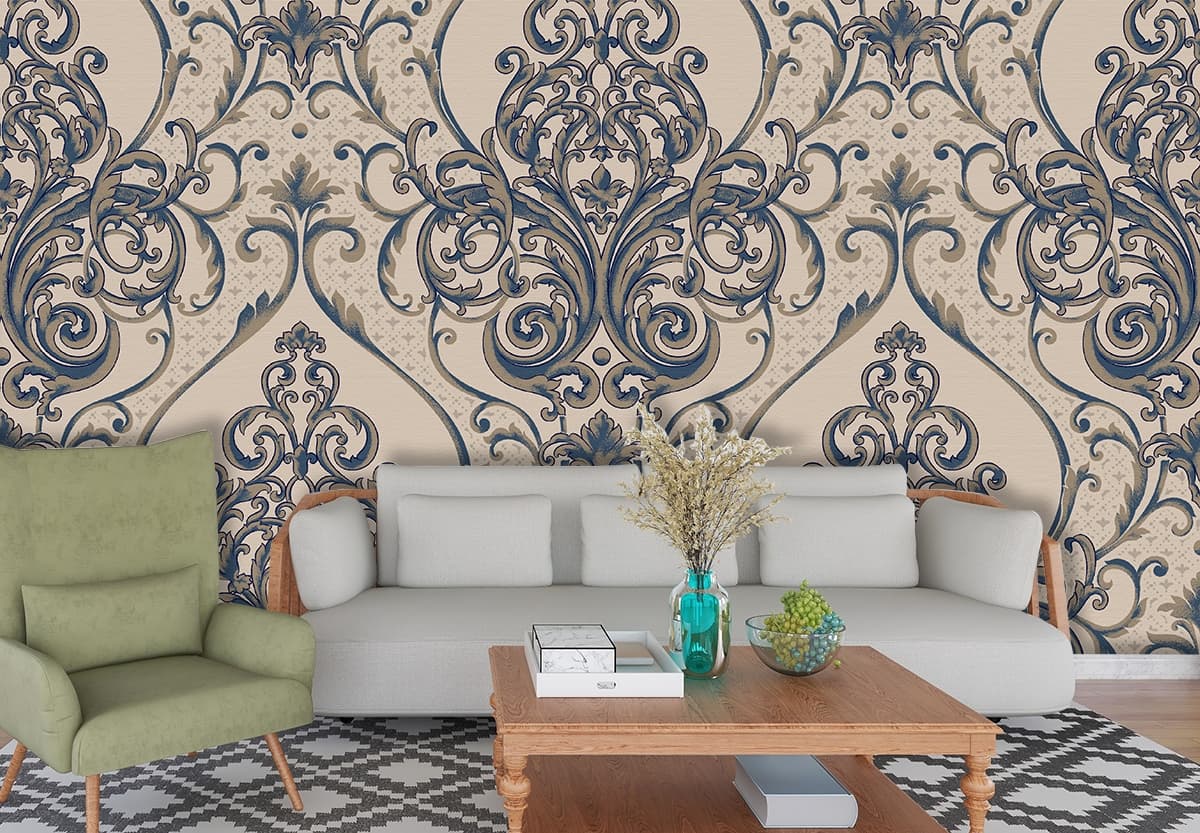 A wallpaper with blue and white designs shown in a room