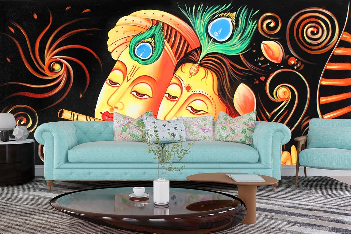 Radha Krishna Painting Wallpaper shown in a room