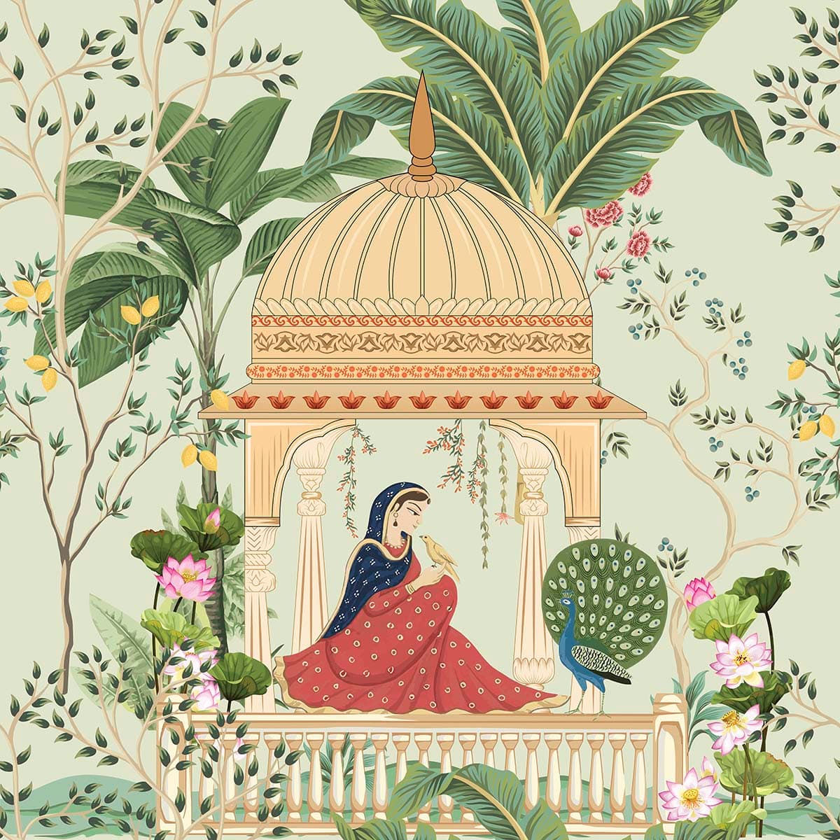 Woman in Red Dress Gazebo Artistic Painting Wallpaper pattern detail