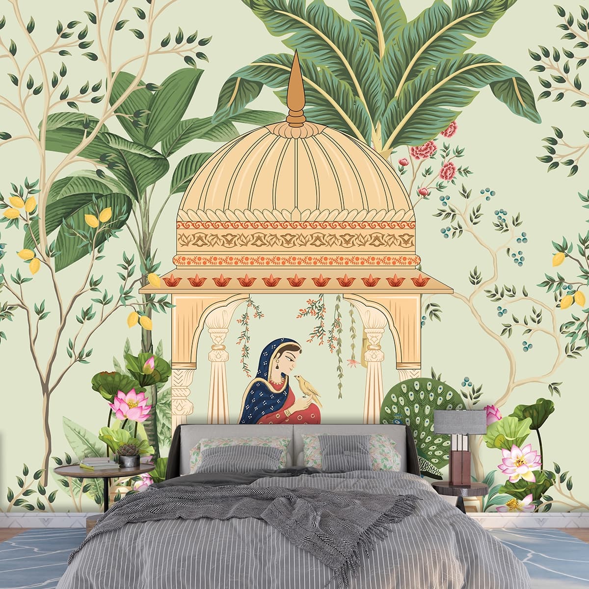 Woman in Red Dress Gazebo Artistic Painting Wallpaper shown in a room