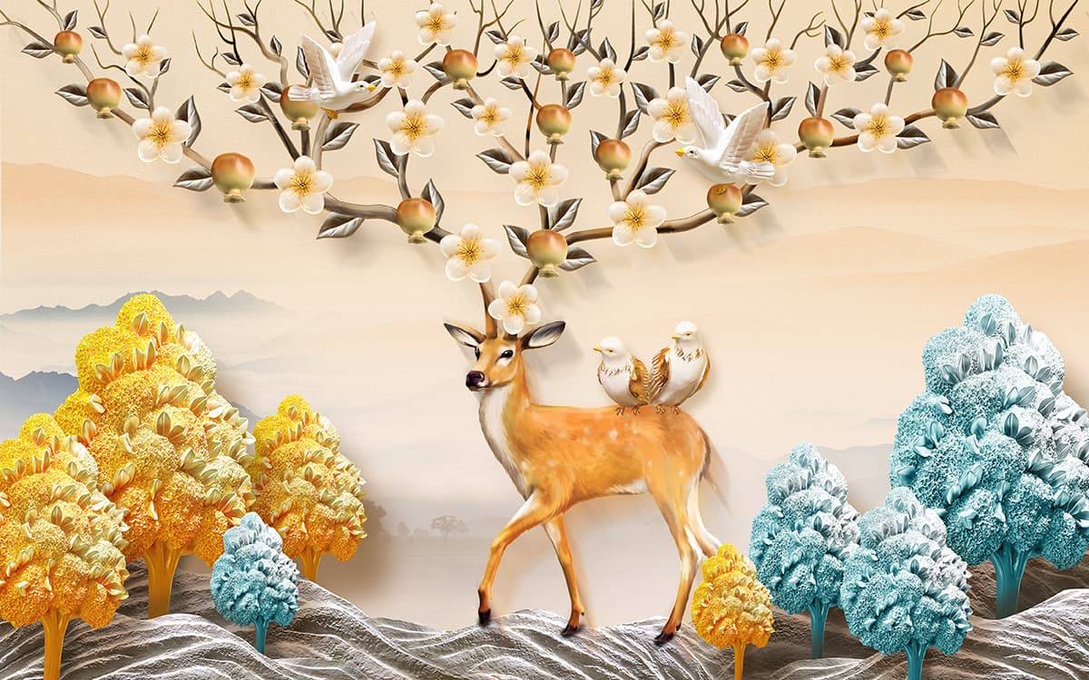 Elegant Forest Harmony Deer & Birds Wallpaper pattern detail