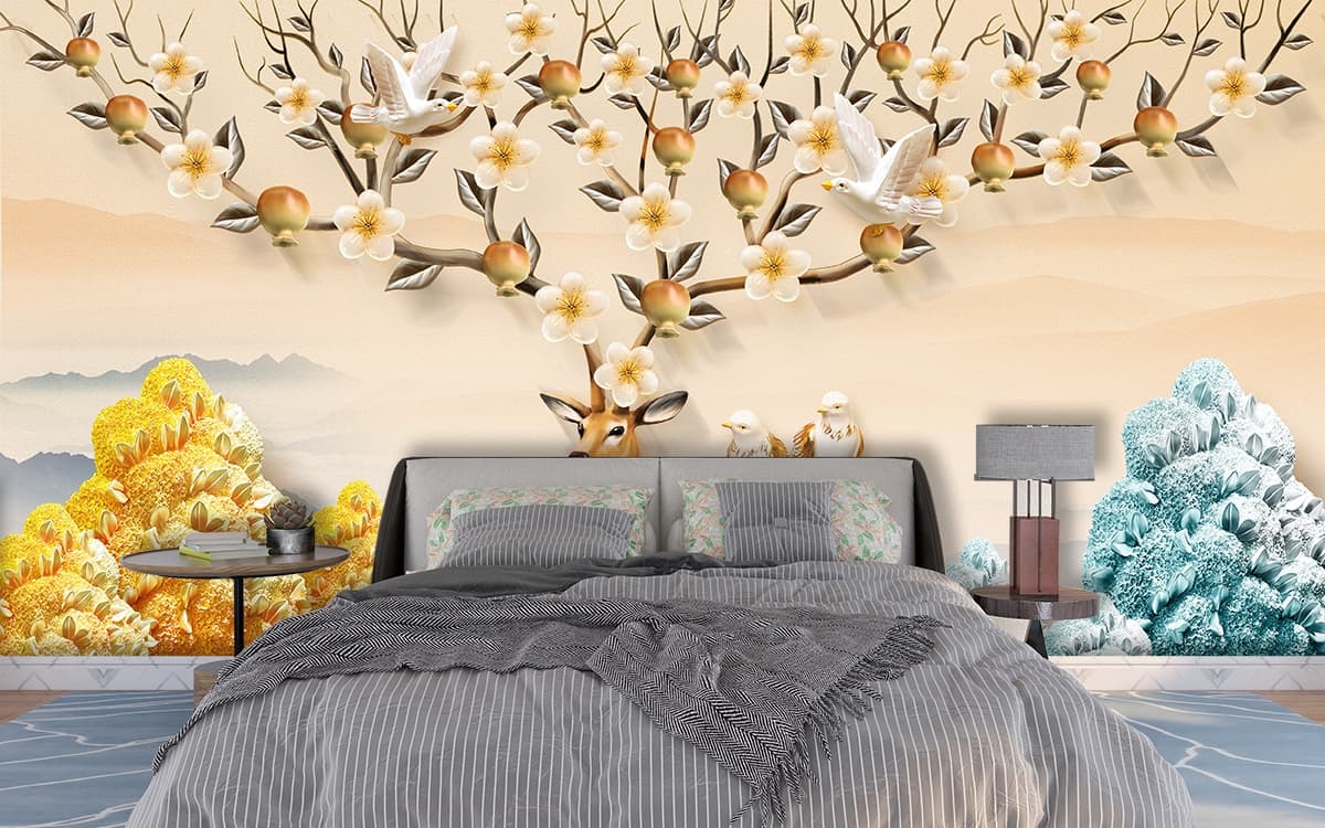 Elegant Forest Harmony Deer & Birds Wallpaper shown in a room