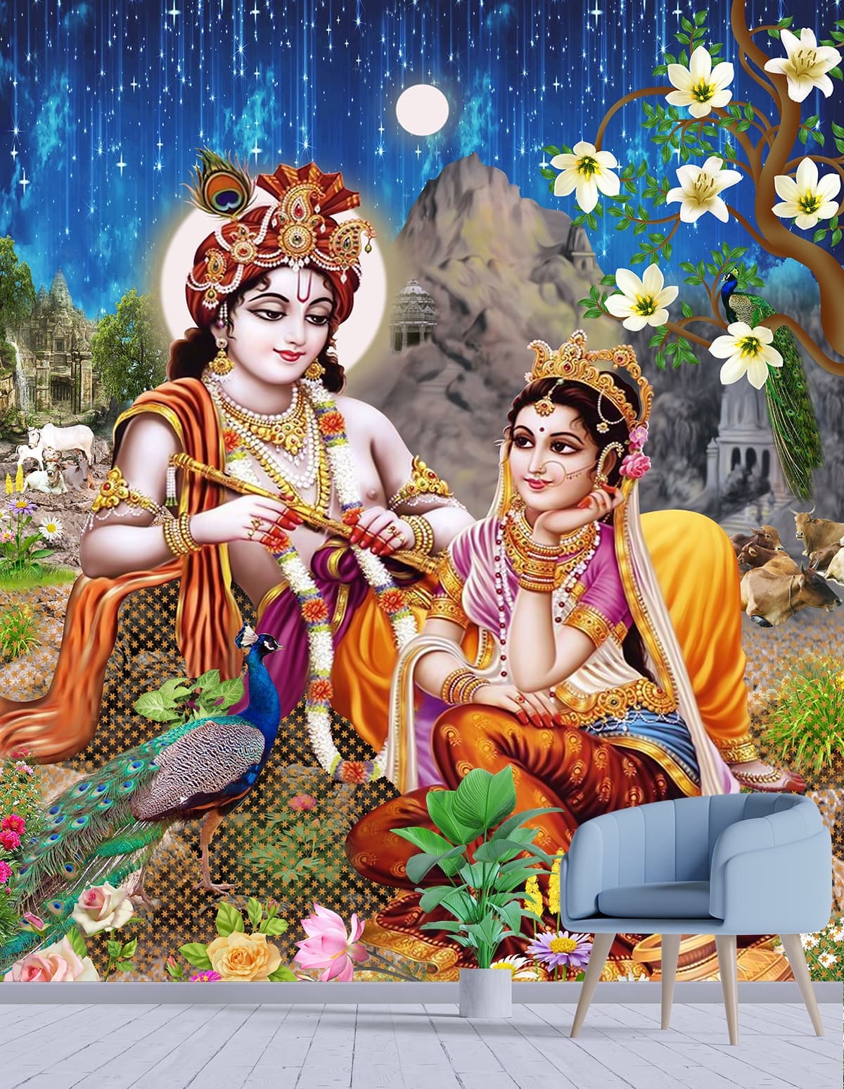 Radha Krishna Home Decor Wallpaper shown in a room