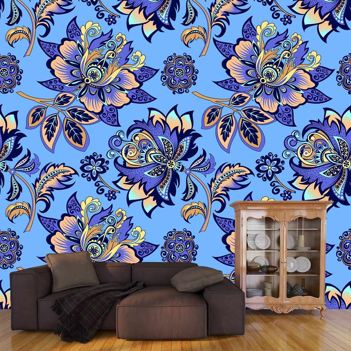 Blue Floral Pattern Wallpaper for Home shown in a room