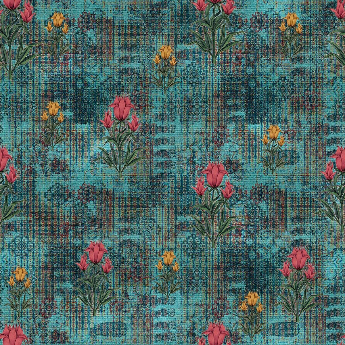 Blue and Red Flowers Motif Wallpaper pattern detail