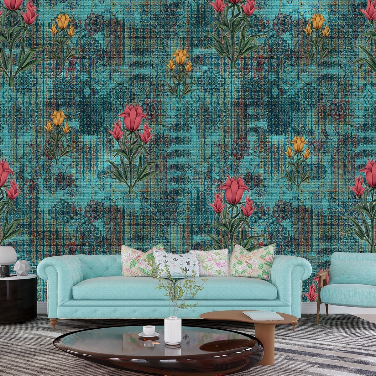 Blue and Red Flowers Motif Wallpaper shown in a room