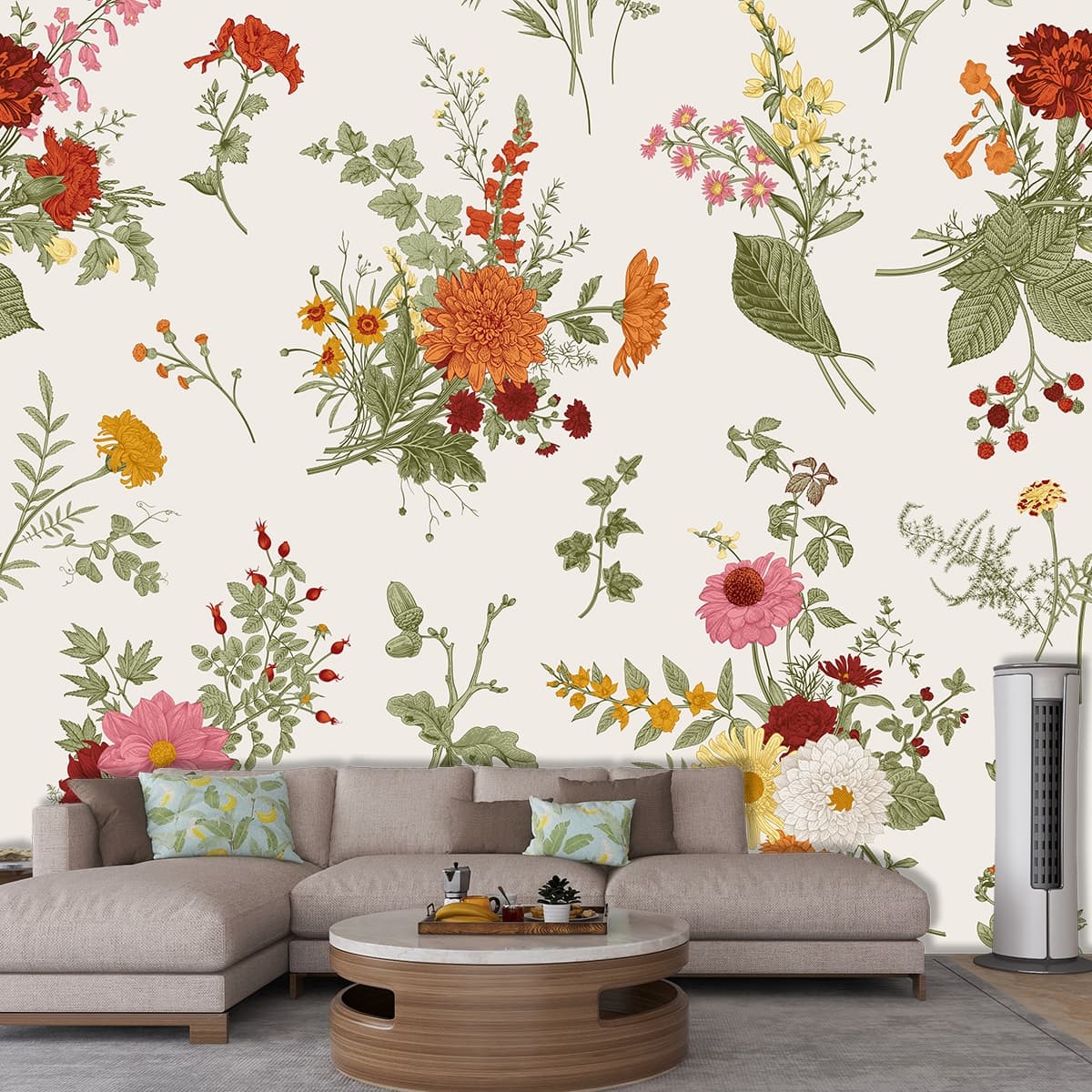 A pattern of flowers on a white background shown in a room