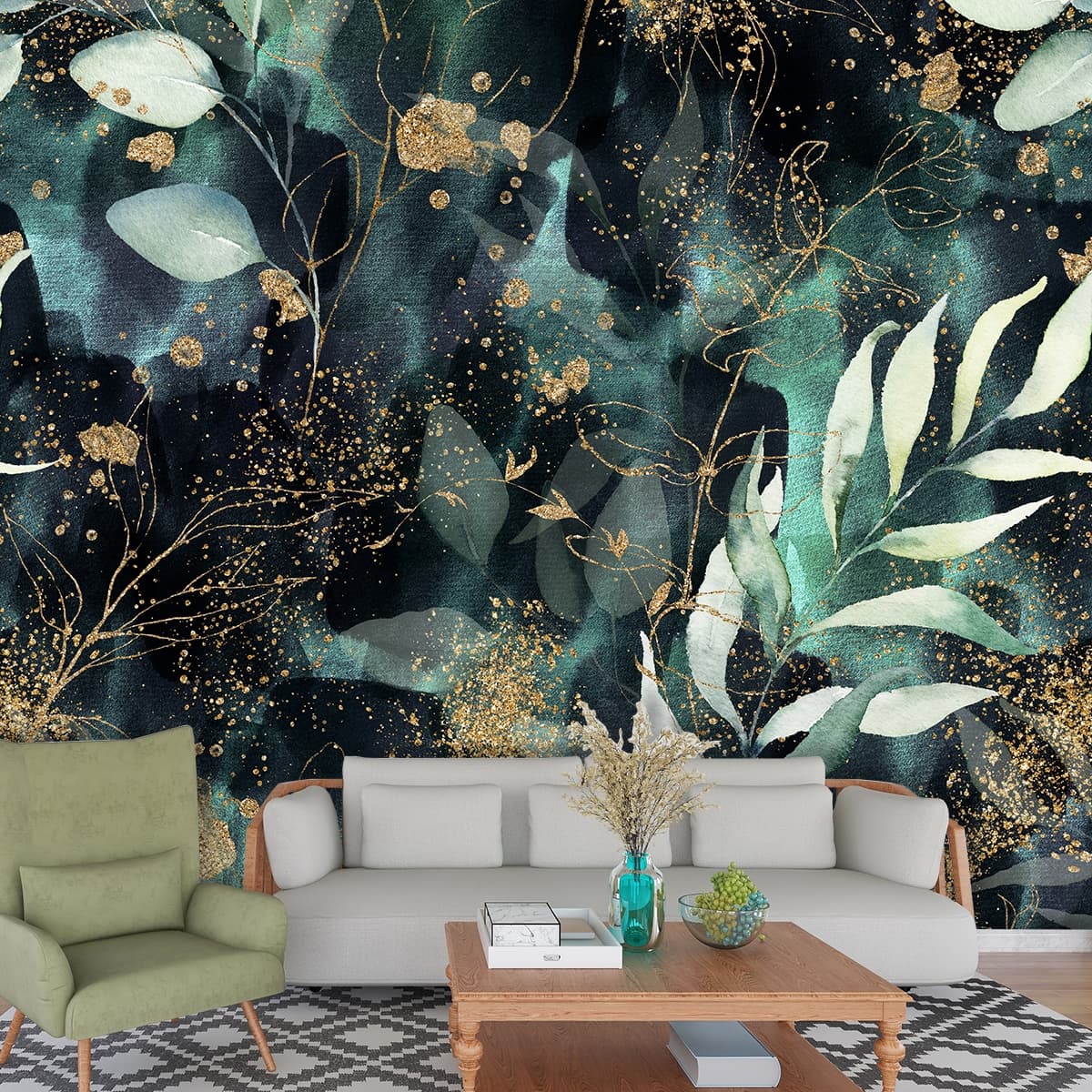 A pattern of leaves and gold splatters shown in a room