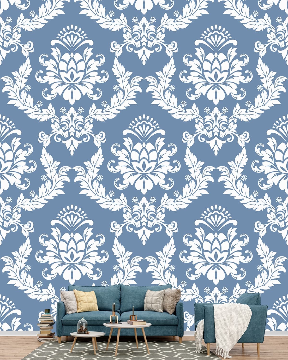 Damask Floral Pattern Bedroom Wallpaper shown in a room