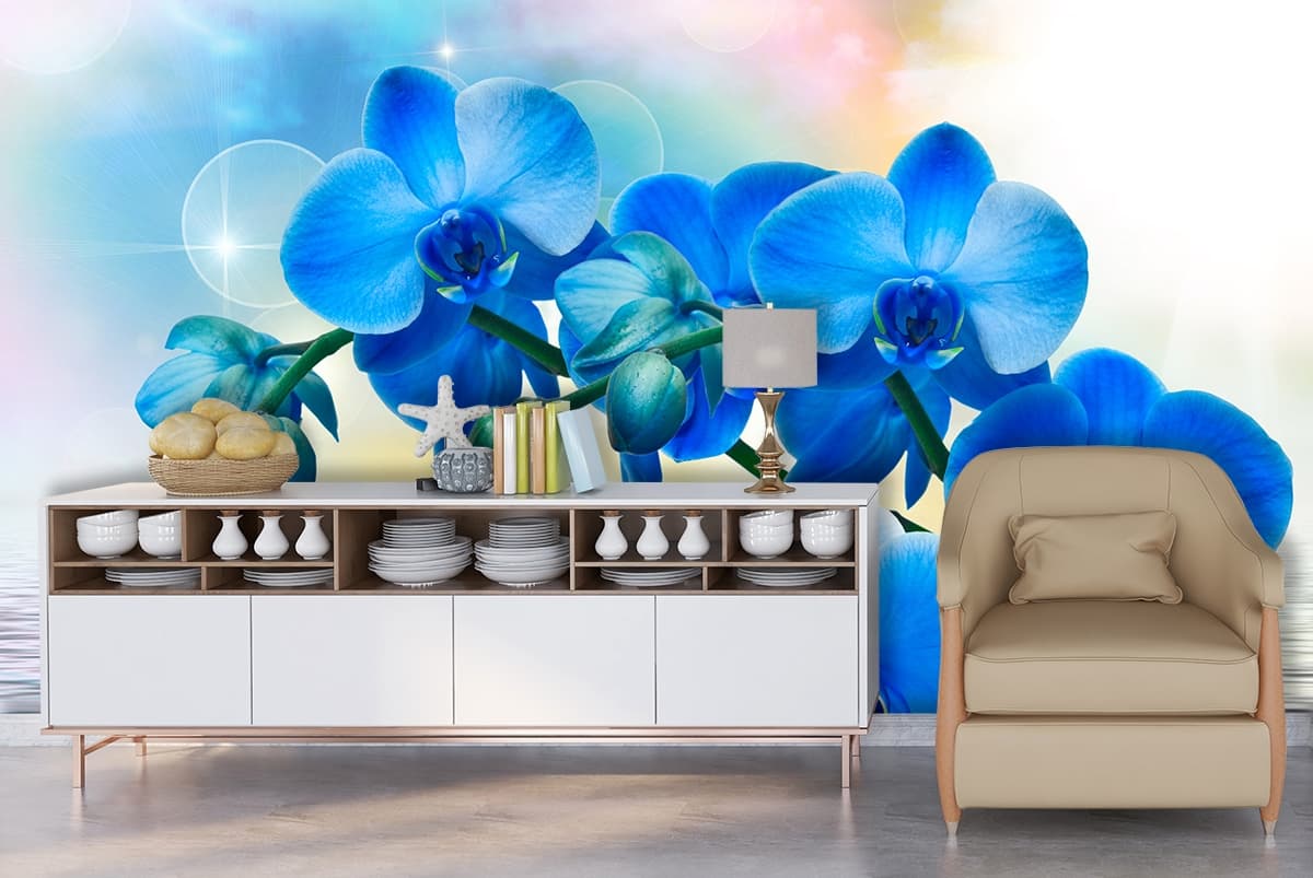 A blue orchid flowers on a branch shown in a room
