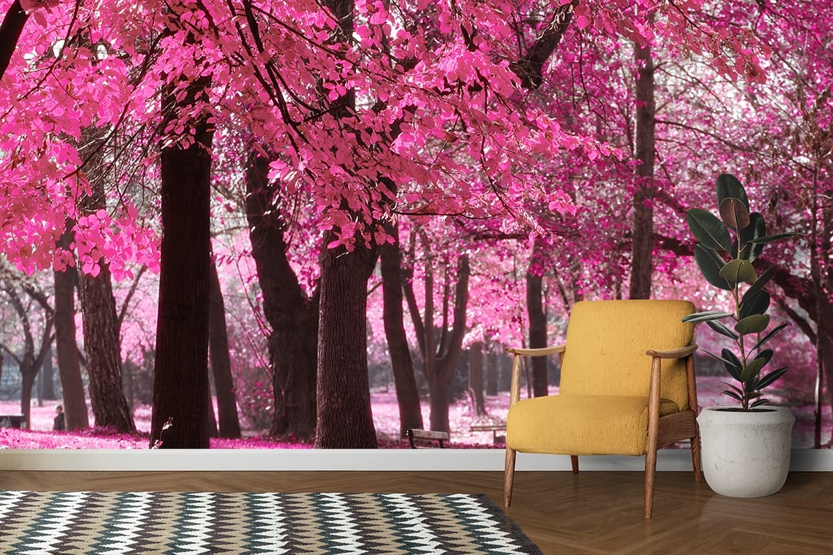 Romantic Pink Blossom Park Bench Nature Wallpaper shown in a room