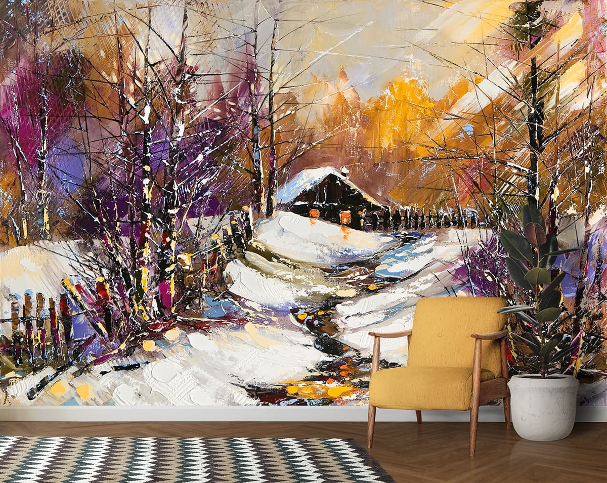 Snow Covered House Nature Scene wallpaper shown in a room