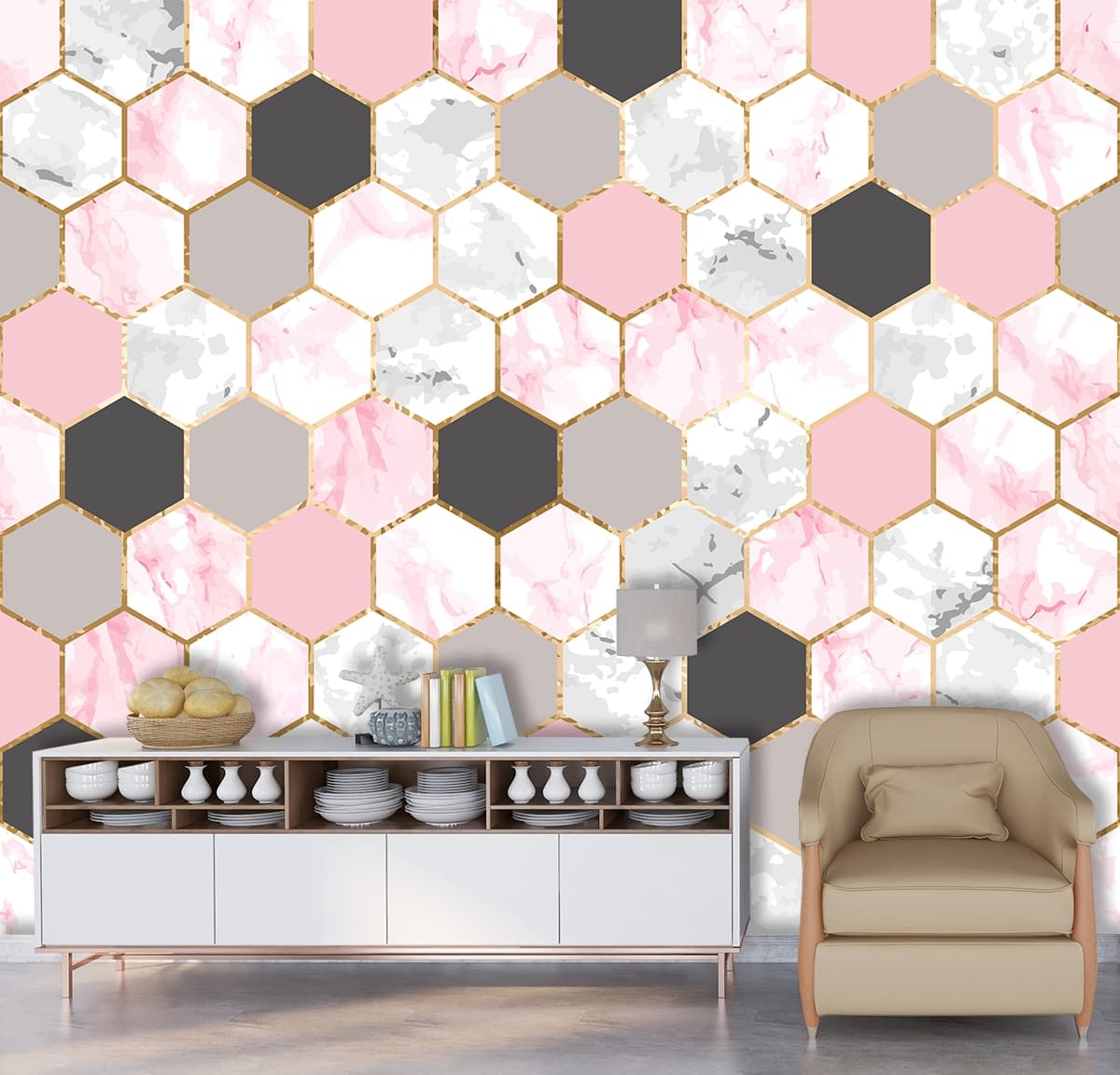 Elegant Marble Hexagon Geometric Design Wallpaper shown in a room