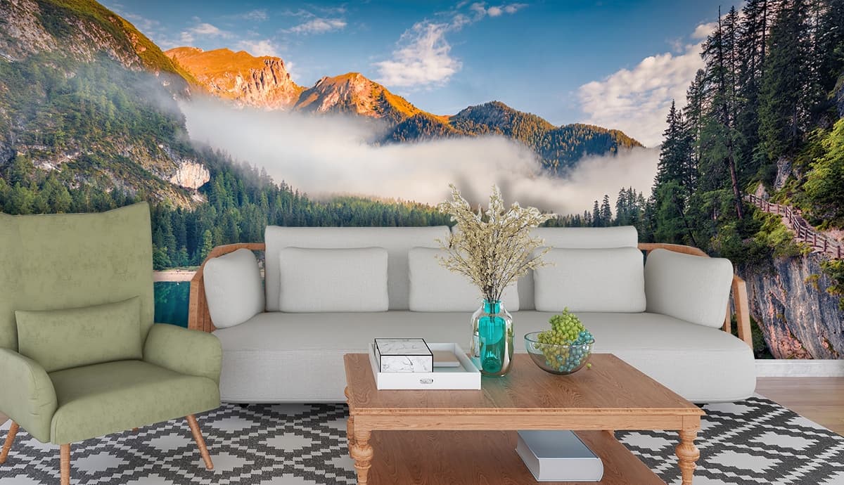 Nature Landscape with Lake Mountains and Trees Wallpaper shown in a room