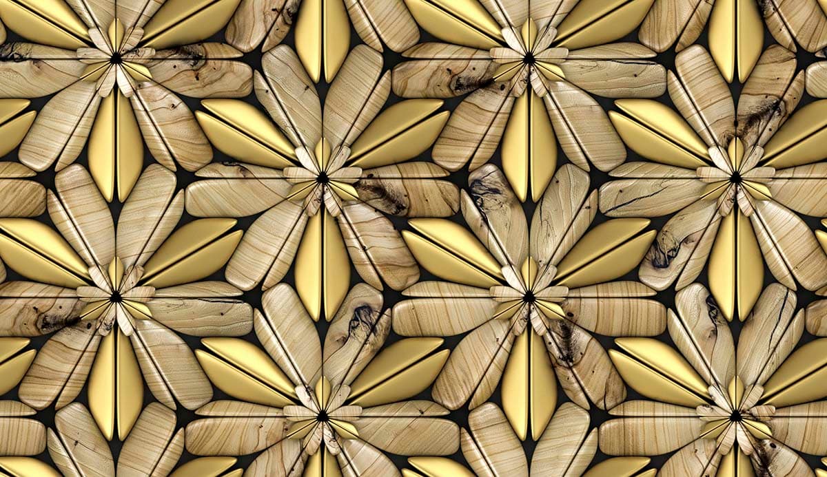 Premium Wood and Gold Flower Design Wallpaper pattern detail