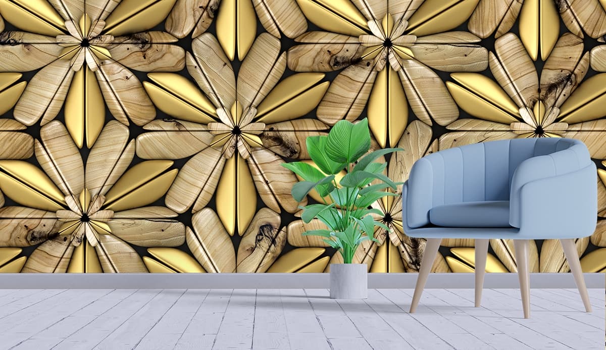 Premium Wood and Gold Flower Design Wallpaper shown in a room