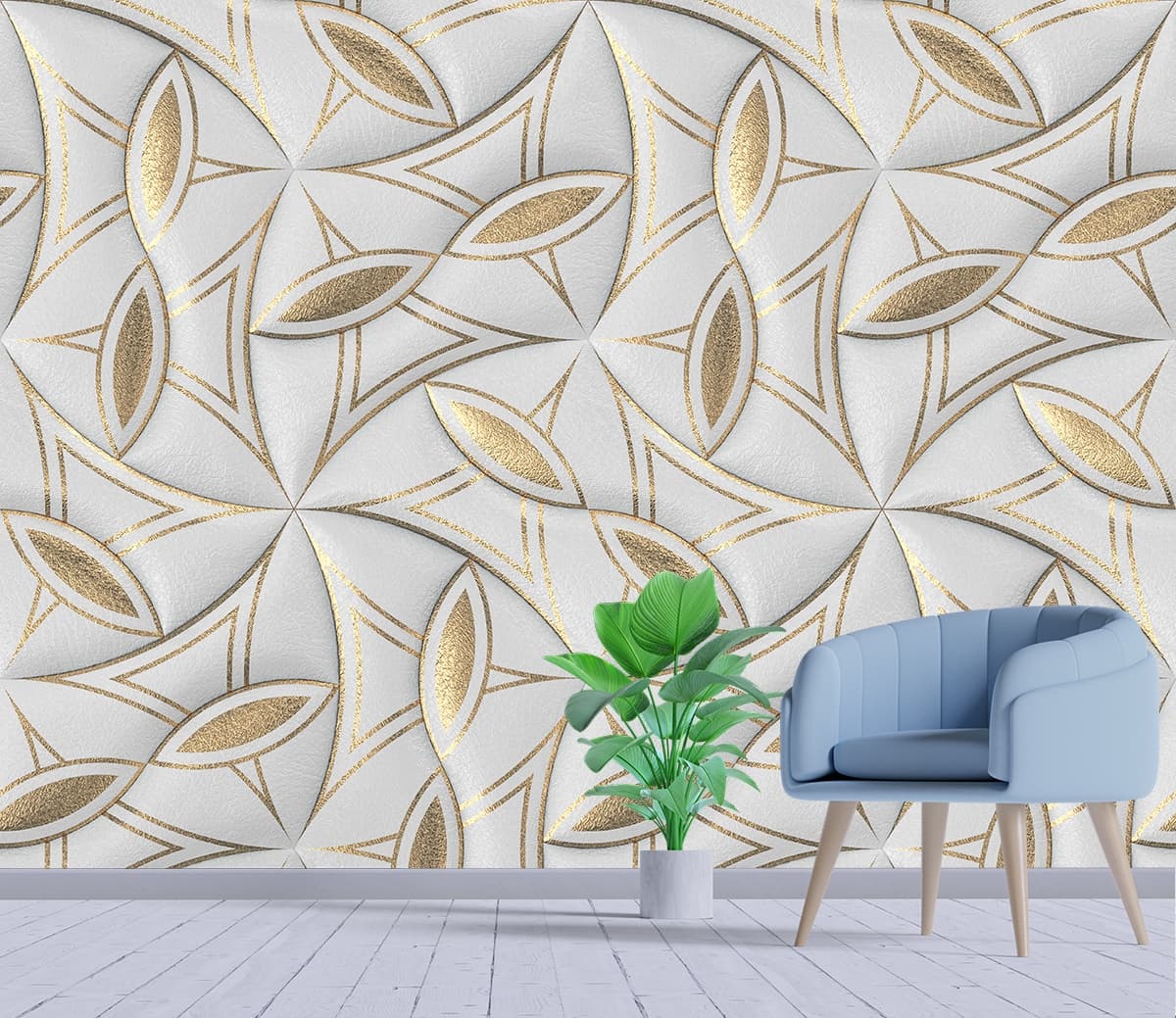 A white and gold patterned surface shown in a room