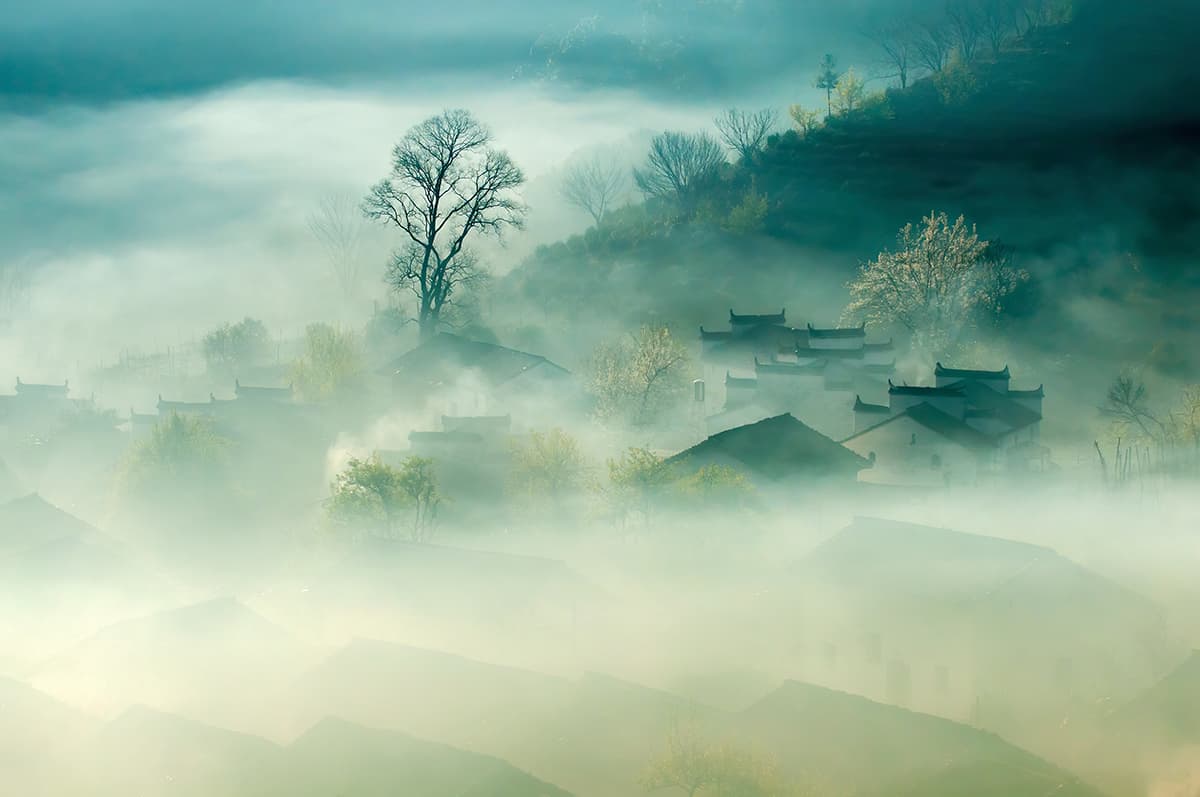 Mountain Wallpaper, Foggy landscape with houses and trees pattern detail